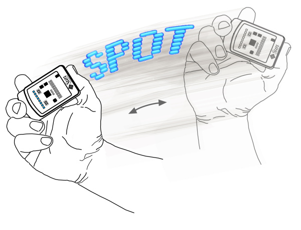 This is a drawing of someone holding a Sun SPOT in their right hand, with the eDemo board facing towards the viewer and the radio fin to the viewer's left.  The hand is moving the Sun SPOT very rapidly from left to right and the LEDs are blinking as it moves.  It has the effect of spelling out 'SPOT' in the air as the LEDs blink on and off.