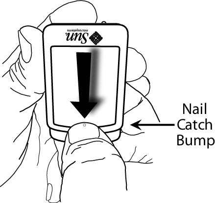 The graphic shows a Sun SPOT, held in the left hand, with the right hand grasping the Sun SPOT, thumb on top, fingers curled unde4rneath.  The thumb and thumbnail are pressing down on a small bump on the lid.