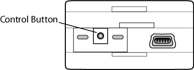 The illustration shows a Sun SPOT from the narrow end.  The end shown is the one opposite the radio fin.  It shows a small button to the left, LEDs on either side of the button, and a USB connector on the right.  The diagram labels only the button, which is calls a 'Control Button.'