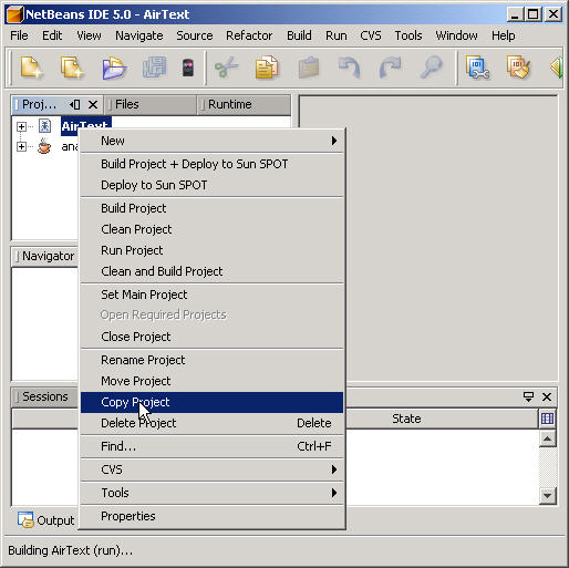 A NetBeans screenshot. The AirText project has been selected and the pop-up menu is displayed.  The cursor is positioned over the choice 'Copy Project'.