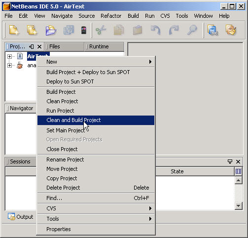 A screenshot of NetBeans.  The AirText demo has been selected and right-clicked.  A pop-up menu is displayed and the cursor is over an option that reads 'Clean and Build Project.'