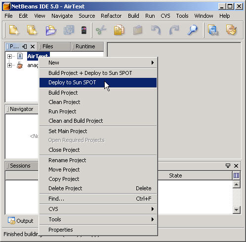 A NetBeans screenshot.  The cursor has right-clicked the AirText project and is positioned over an item in the pop-up menu.  The item is labeled 'Deploy to Sun SPOT.'
