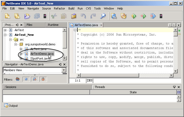 A NetBeans screenshot. In the upper left, the Files tab has been selected.  The active project is now 'AirText_New'.  It has been selected and the source (SRC) node has been expanded.  Under the source node, the node shown is 'org.sunspotworld.demo'.  Under that node, three source files are visible and on of them has been selected.  The selected source file is 'AirTextDemo.java'.  The beginning of that file are shown in an editor window to the right.