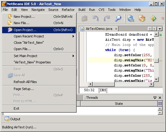 A NetBeans screenshot. The File item has been chosen from the menu bar.  From the drop-down menu, the item 'Open Project' is being selected.