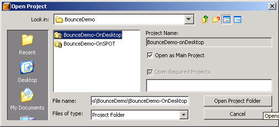 The Netbeans Open Project dialog box is shown.  The directory displayed is the 'BounceDemo' directory.  Two projects are displayes within that directory: 'BounceDemo-OnDesktop' and 'BounceDemo-OnSPOT'.  The BounceDemo-OnDesktop is selected.