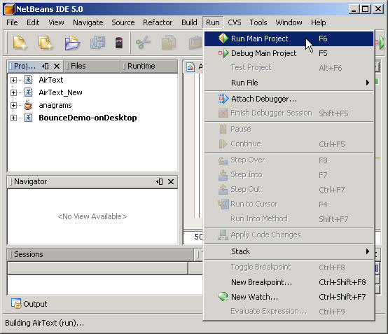 A NetBeans screenshot.  The active project is BounceDemo-onDesktop.  The mouse cursor has selected the Run item from the menu bar and is positioned over the drop-down menu item 'Run main project.'