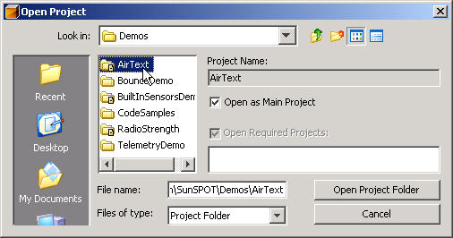 A screenshot of the NetBeans 'Open Project' dialog box.  The AirText project is selected from the Demo directory.