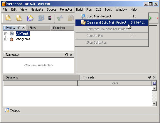 A NetBeans screenshot. The AirText project has been selected.  The cursor has selected 'Build' from the main menu bar and is over an option in the drop down menu which is labeled 'Clean and Build Main Project.'