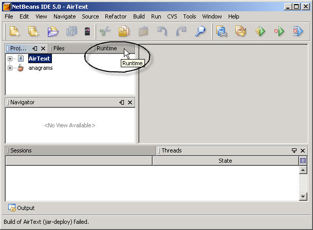 A NetBeans screenshot. The upper left panel is shown.  There are three tabs in this panel: Project, Files, and Runtime.  The Runtime tab is circled and the cursor is pointing to it.