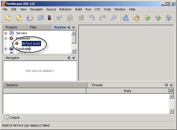 A NetBeans screenshot. Of the three tabs in the upper left panel, the Runtime tab has been selected.  The panel shows three items at the top level.  These are Servers, Processes and Databases.  The Processes item has been selected and expanded.  One process is show and it has the label 'AirText(run)'. This process has been selected and the cursor is pointing to it.
